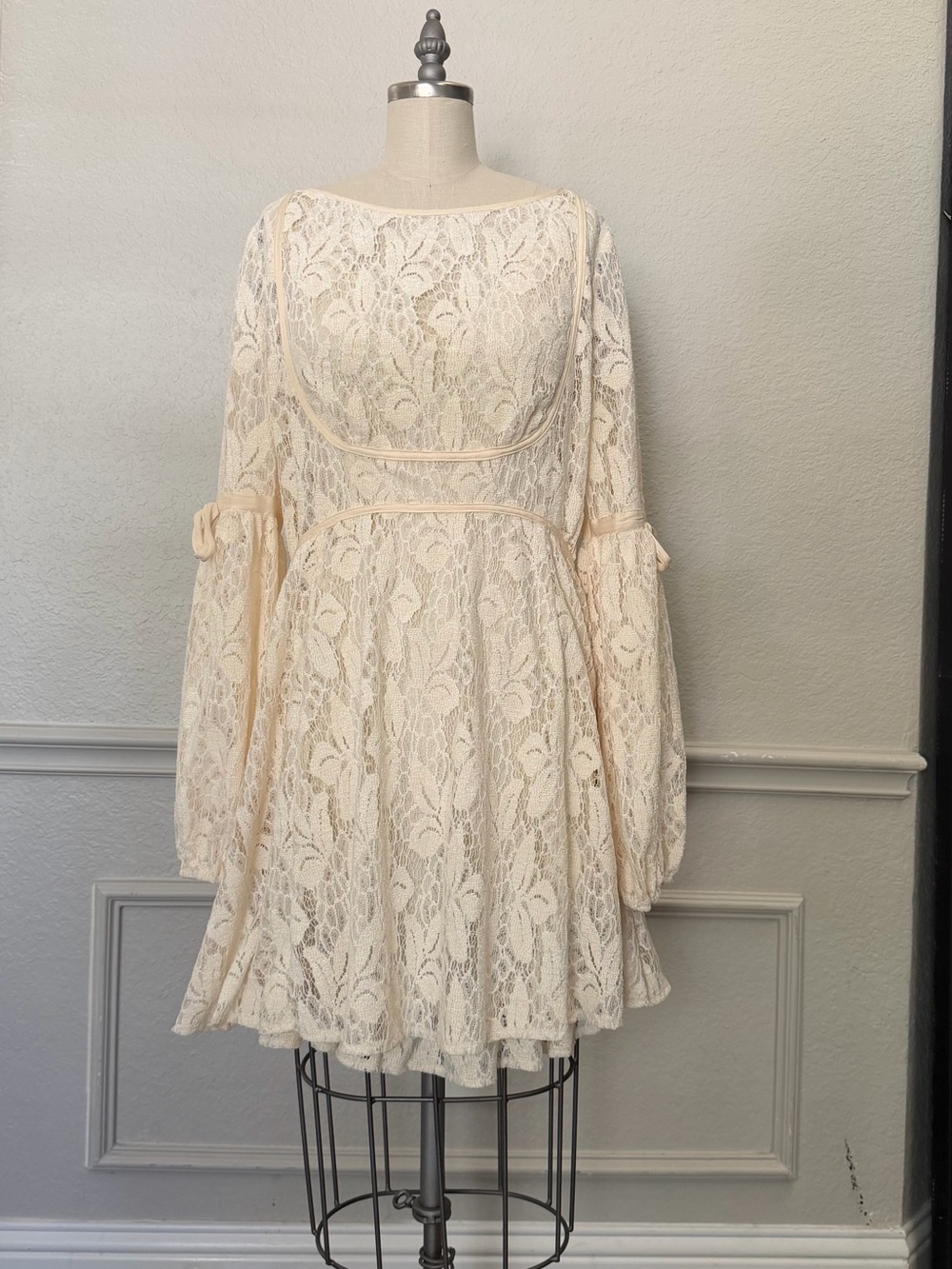 Free People Cream Lace Long-Sleeve Mini Dress